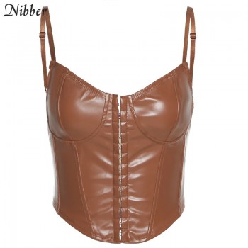Nibber Sexy Punk Y2K Black Leather Crop Top Womens Hollow Backless 